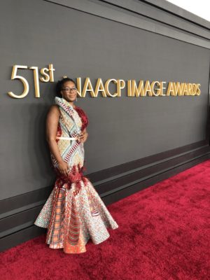 Aba Blankson, SVP of Marketing and Communications at NAACP in a dress by Ghanaian designer, Adjoa Yeboah